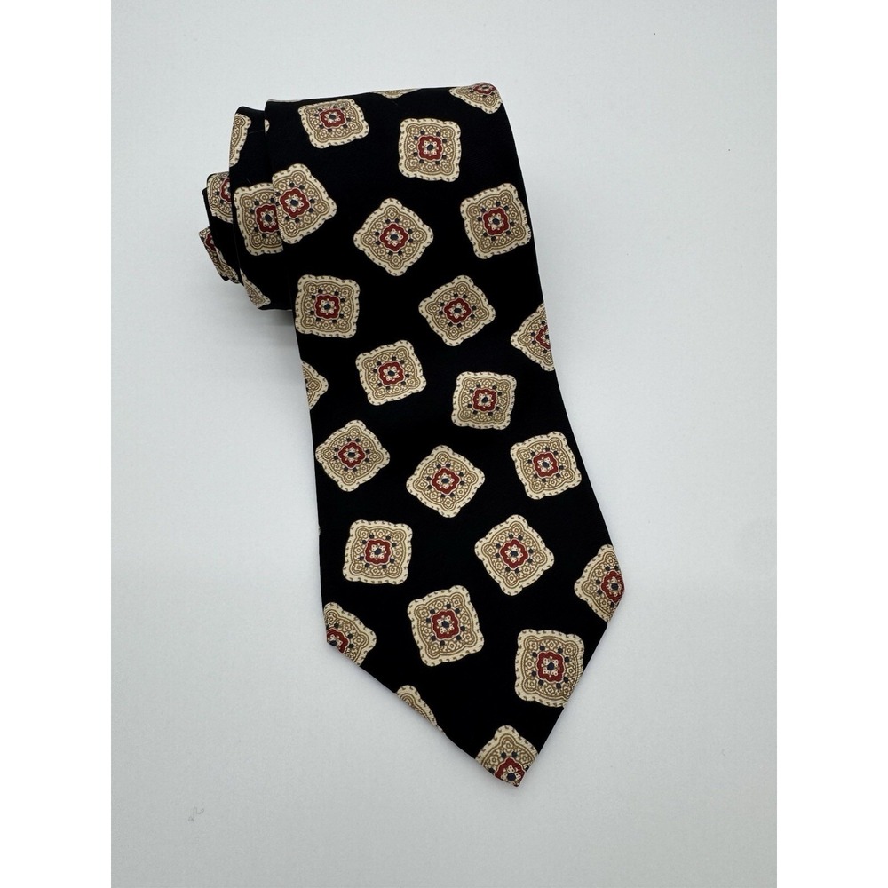Liberty of London Silk Tie Black Gold‎ Medallion Geometric Pattern Classic Tie